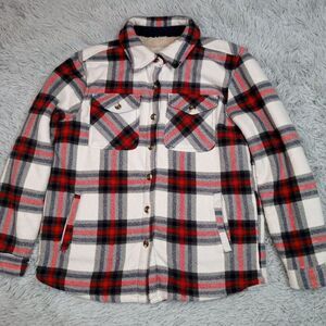 Sage Jacket Womens‎ S White Red Shacket Plaid Cozy Comfort Fleece Lined Pockets